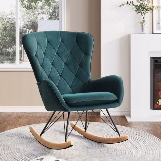 Komore Mid-Century Green Velvet Rocking Armchair with Armrests