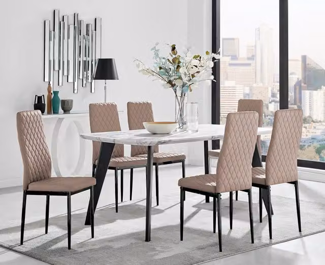 FurnitureboxUK Andria White Marble Effect 6 Seater Dining Table and 6 Milan Beige Faux Leather Chairs – 1