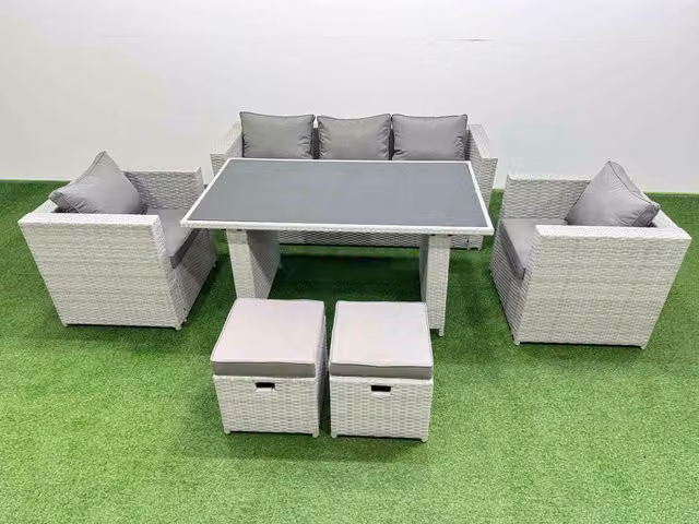 Fimous Modern Patio Garden Furniture Set with Dining Table and 2 Small Stools in Light Grey