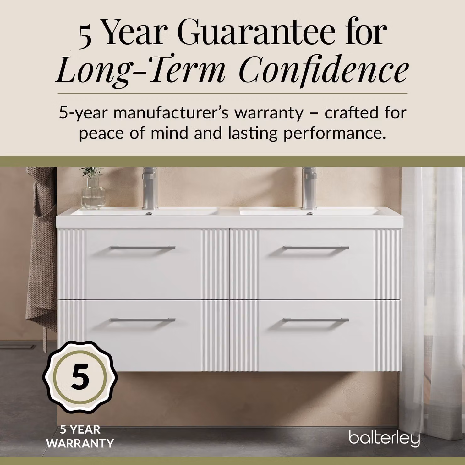 Balterley Wall Hung 4 Drawer Vanity Unit with 2 Polymarble Basins, Satin White, Width: 120 cm – 2