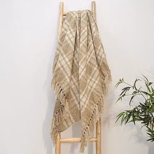 Allure Home Fashions Beige Checked Polyester Throw Blanket with Fringes W: 150 cm, D: 200 cm