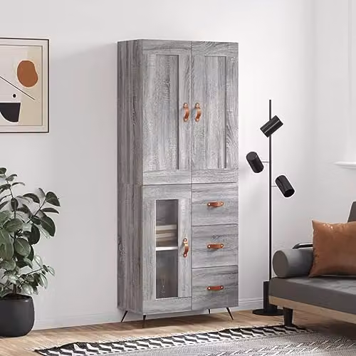 vidaXL Highboard in Grey Sonoma with Glass Doors and Drawers, W/D/H: 69.5 x 34 x 180 cm – 2