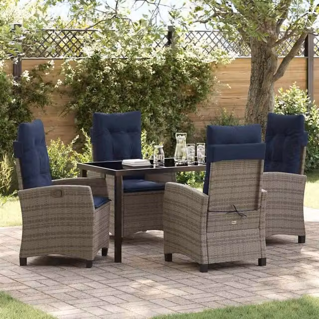 Berkfield Home Garden 5 Piece Grey Poly Rattan Dining Set with Glass Top and Cushions – 1