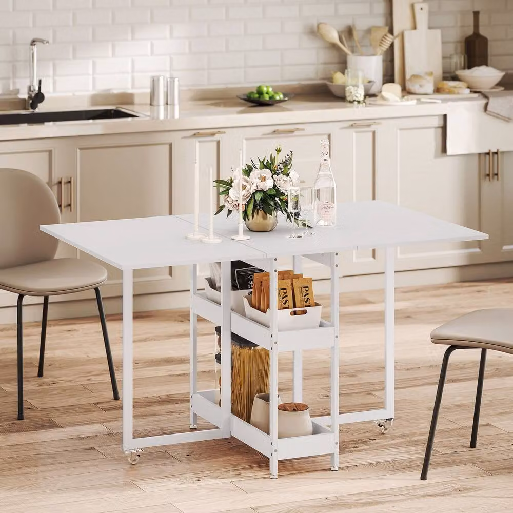 ERGOVEXA Four-Person White Drop Leaf Dining Table with Castors – 2