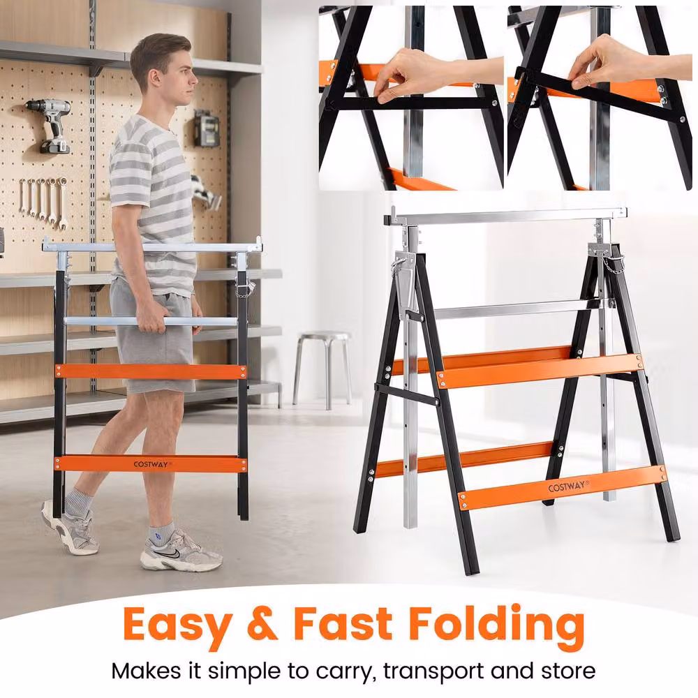 Gymax 2 Pack Metal Folding Saw Horses with Adjustable Height in Orange – 4