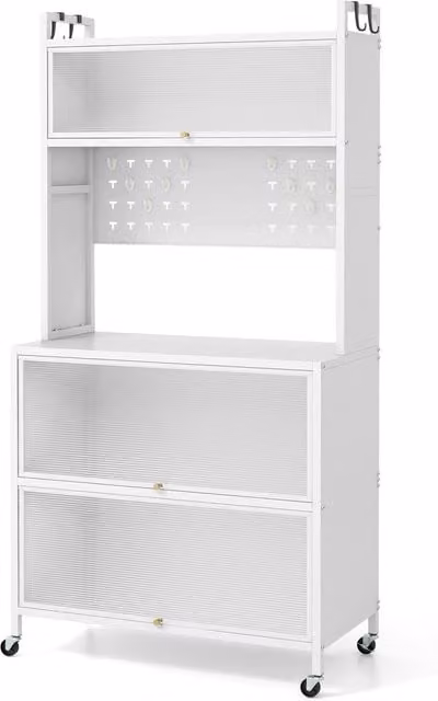 Costway Modern White 5 Tier Kitchen Bakers Rack and Multifunctional Microwave Stand with Glass Doors and Appliance Housing Unit – 1