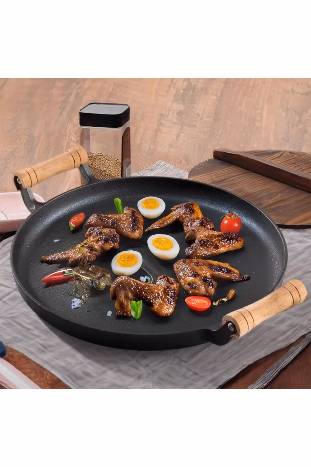 Living and Home Uncoated Cast Iron Dual-handle Round Skillet Frying Pan, Black, Diameter: 32 cm – 2