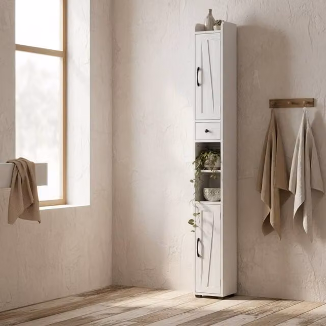 Wyld Haus Mittori Slim Farmhouse Bathroom Cabinet in White with Barn Doors and Toilet Roll Holder