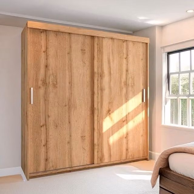 Sliding Wardrobes 4 u Modern Double Sliding Door Wardrobe with Soft Close Doors, Internal Shelves and Trouser Rack in Oak Brown Matt Finish