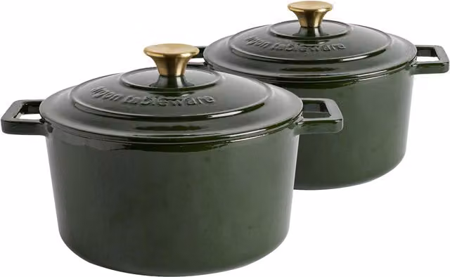 Argon Tableware Set of 2 Round Cast Iron Casserole Dishes with Self-Basting Lids, 4.5L, Green – 1