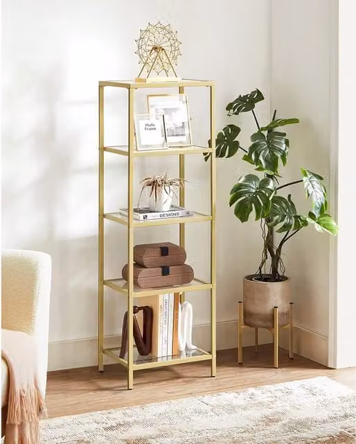 The Bazaarist 5-Tier Glass Display Bookcase with Tempered Shelves and Gold Metal Frame