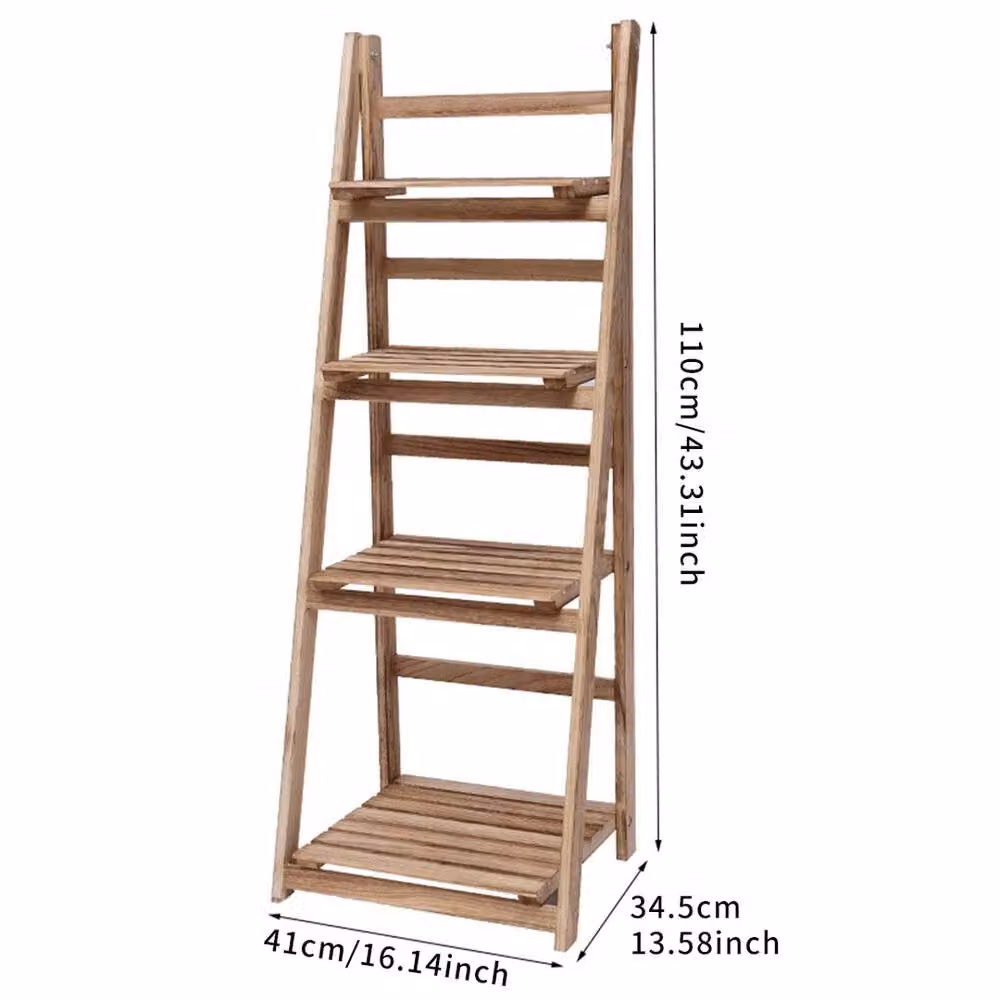 FORGEVIO 4-Tier Foldable Wooden Ladder Shelf for Plants in Brown, H 110.0 x W 34.5 x D 34.5 cm – 2