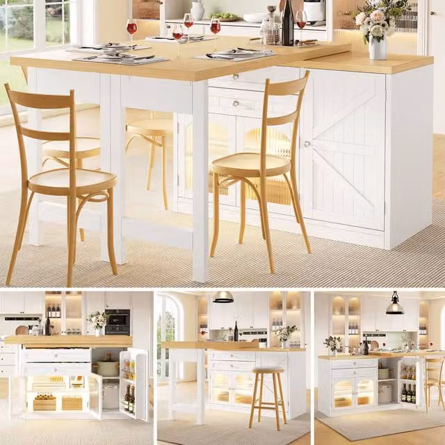 Matteo Extendable Kitchen Island Dining Table with Rotating Top in White