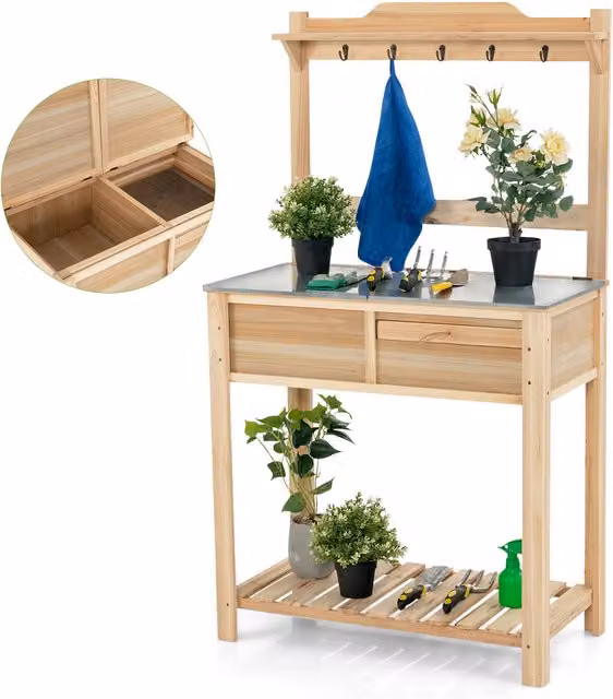 COSTWAY Rustic Wooden Potting Bench in Brown with Galvanised Steel and Spruce Wood