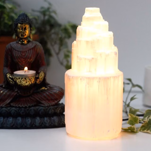 KDMK White Natural Selenite Tower Tabletop Lamp with Warm White Light
