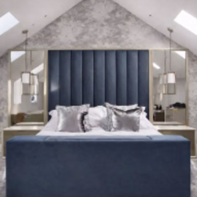 HOB Furniture Janie Linear Design Double TV Bed with Blue Velvet Upholstered Mirrored Headboard, W/D/H: 140 x 200 cm