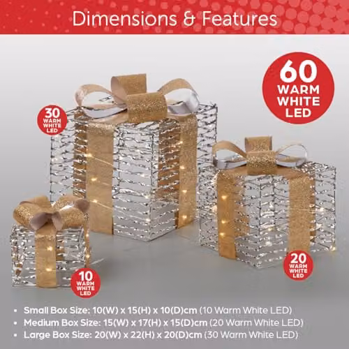 The Christmas Workshop Light-Up Gold and Silver Gift Box Set of 3 with Warm White LED Lights and Timer Function – 2