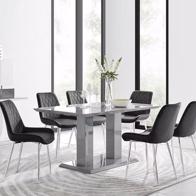 FurnitureboxUK Imperia Grey Rectangular Dining Table and 6 Black Pesaro Chairs with Silver Legs – 1