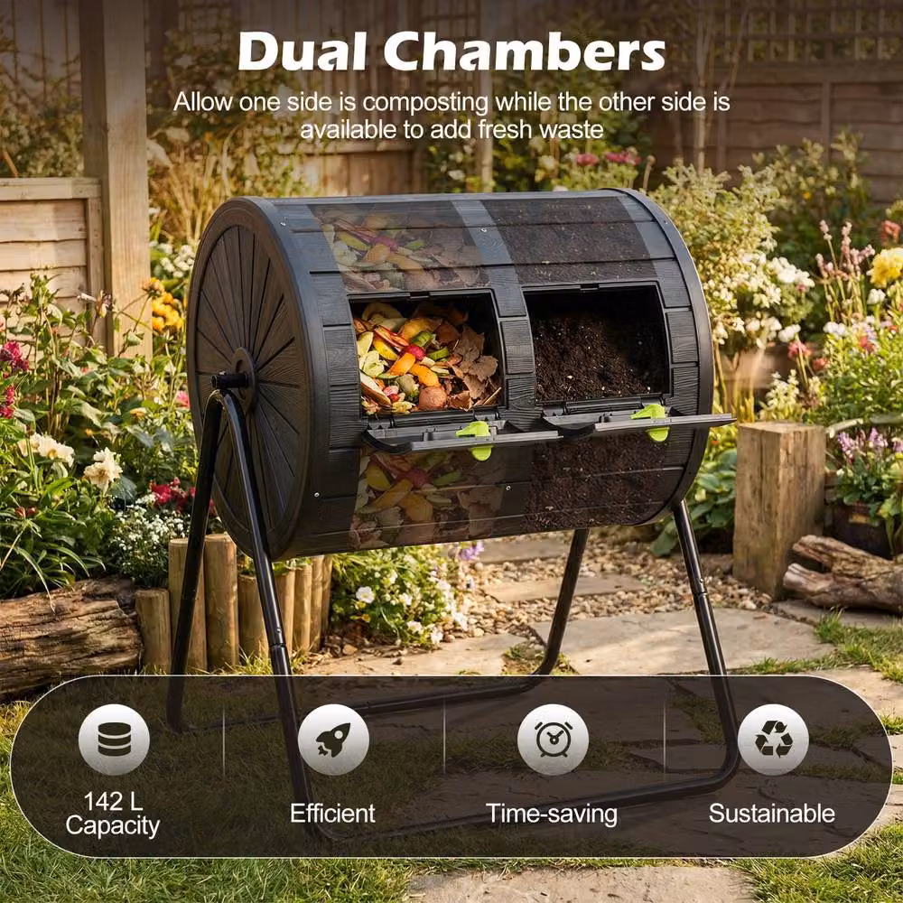 Costway Dual Chamber Large Outdoor Compost Tumbler, 142L, Black – 4