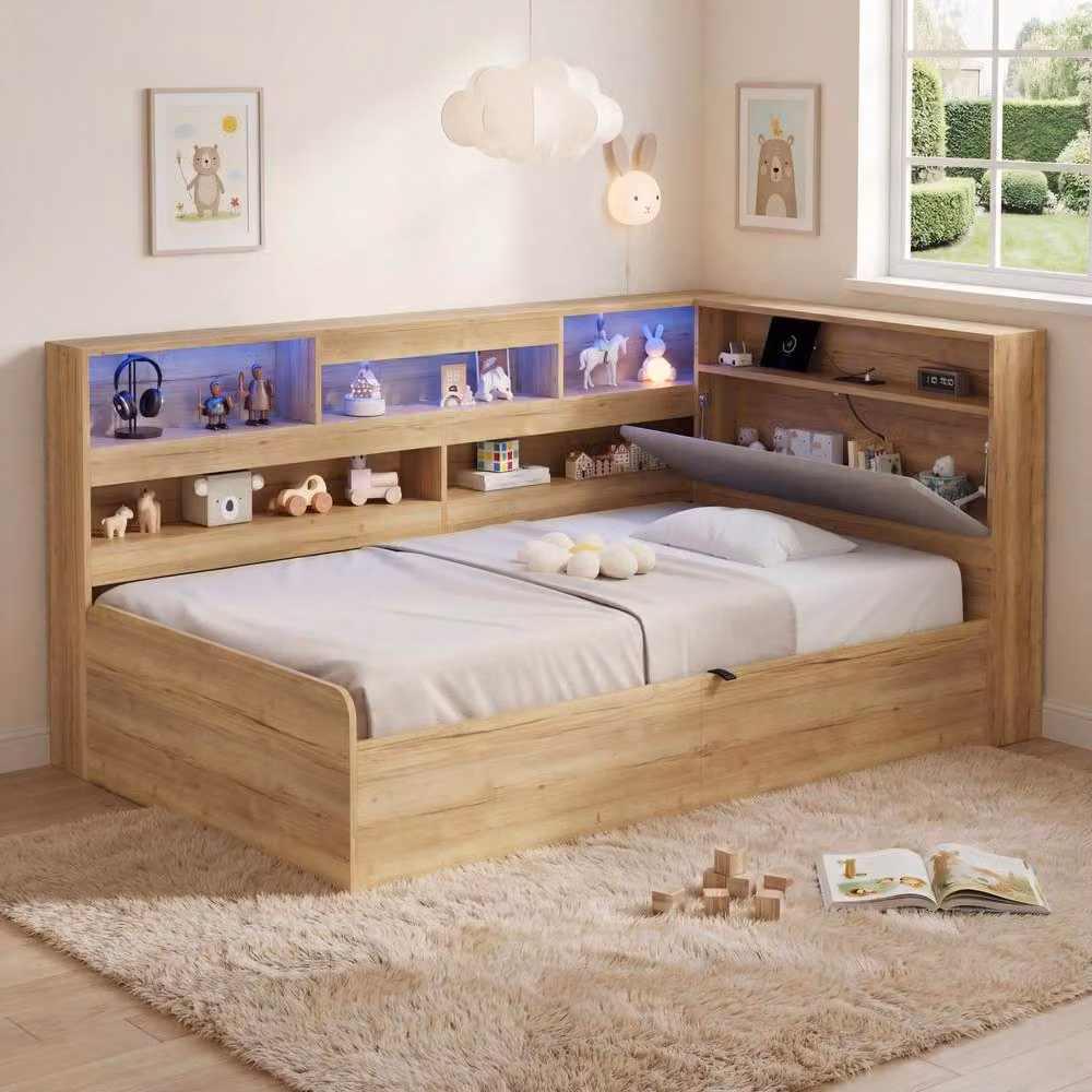 BTM Single Wooden Daybed with Hydraulic Lift-Up Storage, LED Lighting and USB Charging Port in Natural Brown, W/D/H: 90 x 190 cm – 2