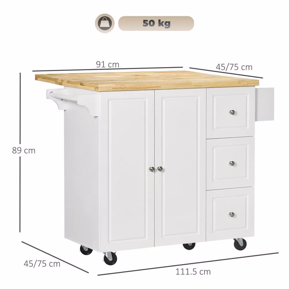 STILVORA Kitchen Island with Drop Leaf and Drawers in White Finish – 2