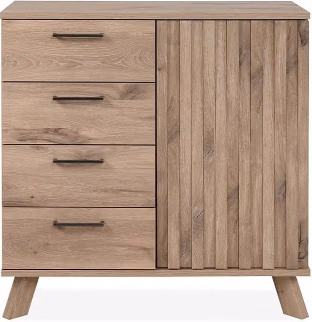 CALICOSY OPOLE Buffet Sideboard with 4 Drawers and 1 Door in Light Brown Oak Finish, W: 85 cm, H: 76 cm, D: 40 cm