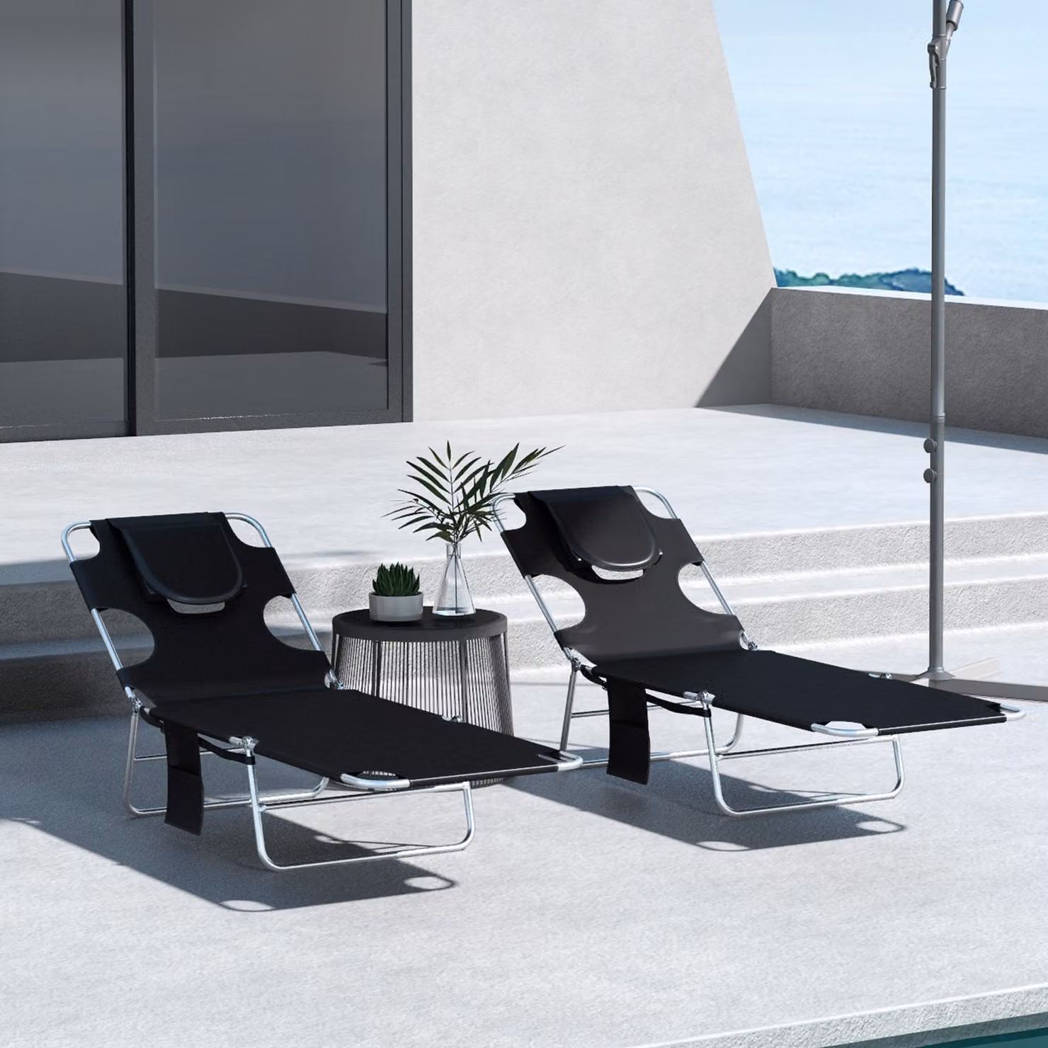 Outsunny Set of 2 Foldable Sun Loungers in Black with Textilene Fabric and Powder Coated Steel Frame – 2