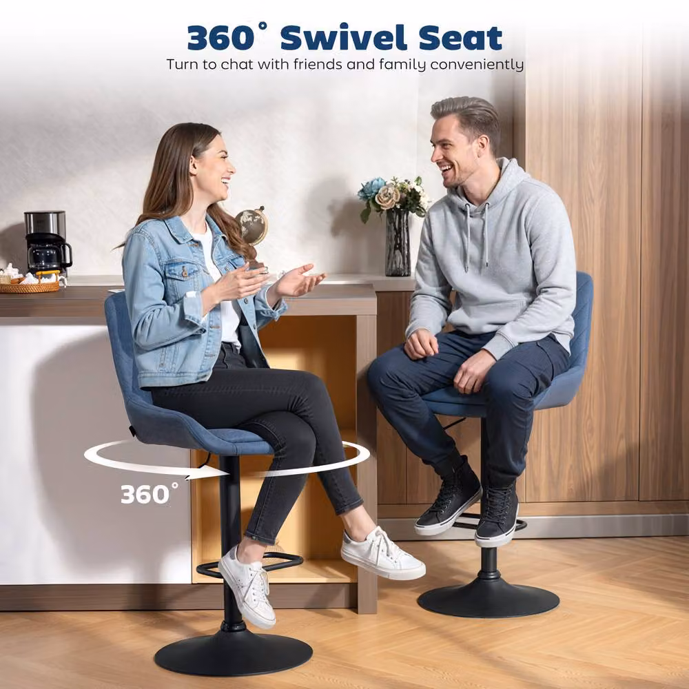 HOMCOM Set of 2 Swivel Height Adjustable Bar Stools in Blue Synthetic Leather with Metal Base – 5
