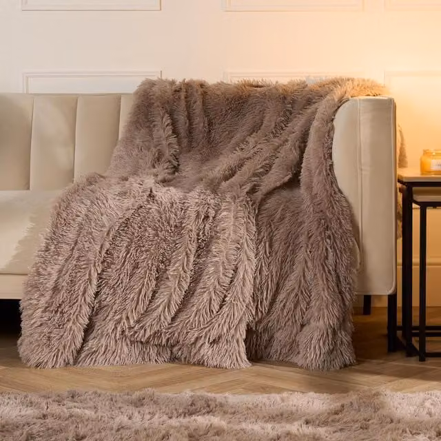 Sienna Fluffy Shaggy Fleece Throw Blanket in Natural Beige