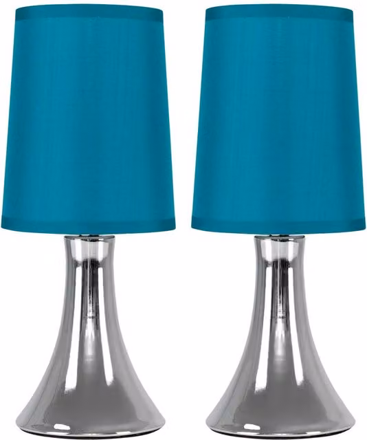 ValueLights Set of 2 Modern Trumpet Touch Table Lamps in Petrol Blue and Chrome