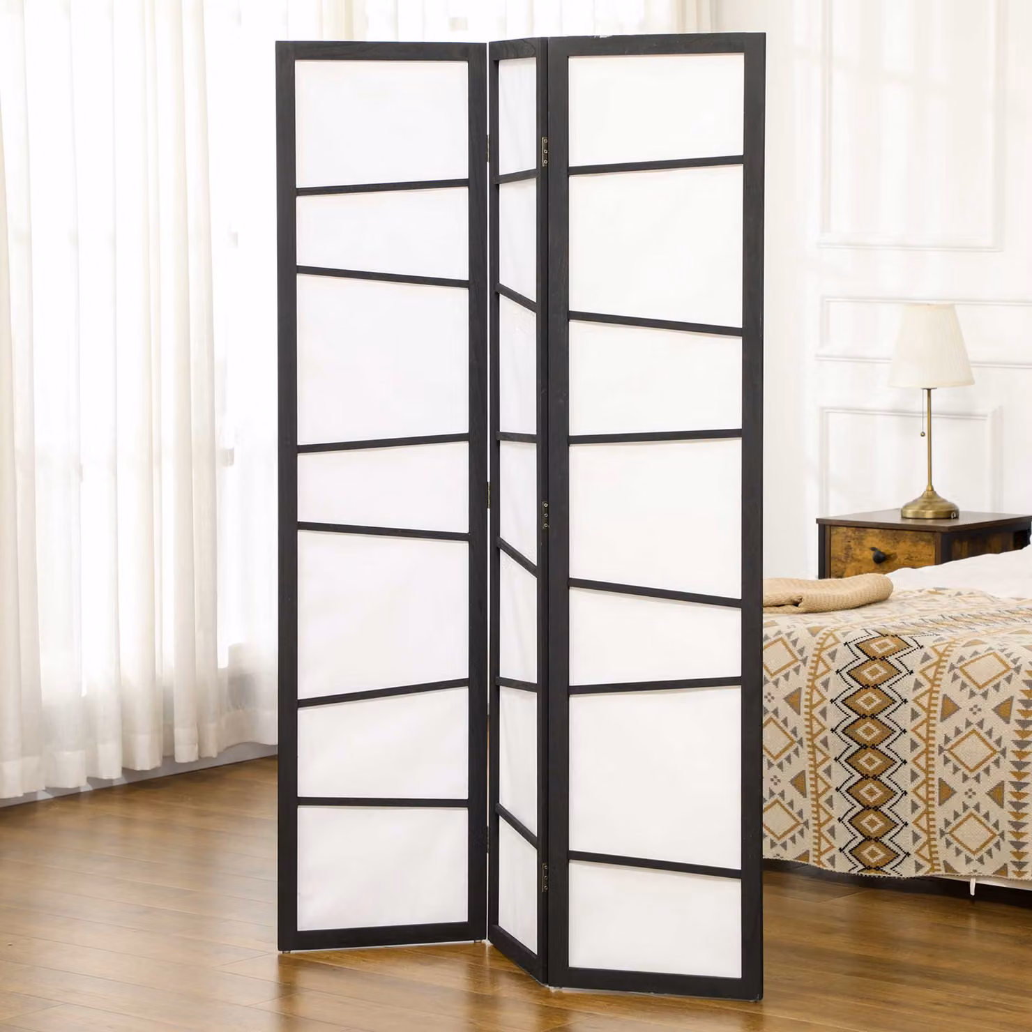 HOMCOM 3 Panel Folding Room Divider with Wood and Metal Frame, White Striped Privacy Screen for Living Room or Bedroom, H: 170 cm, W: 120 cm – 6