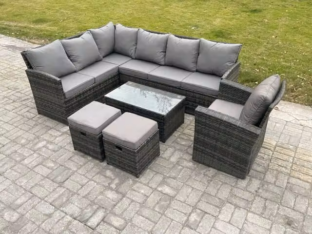 Fimous Rattan Lounge Corner Sofa Set with Rectangular Coffee Table and 2 Small Footstools in Dark Grey