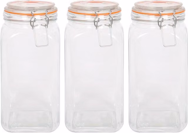 Argon Tableware Square Glass Jar with Clip-Top Lid, Transparent/White, 1.7 l, Pack of 3