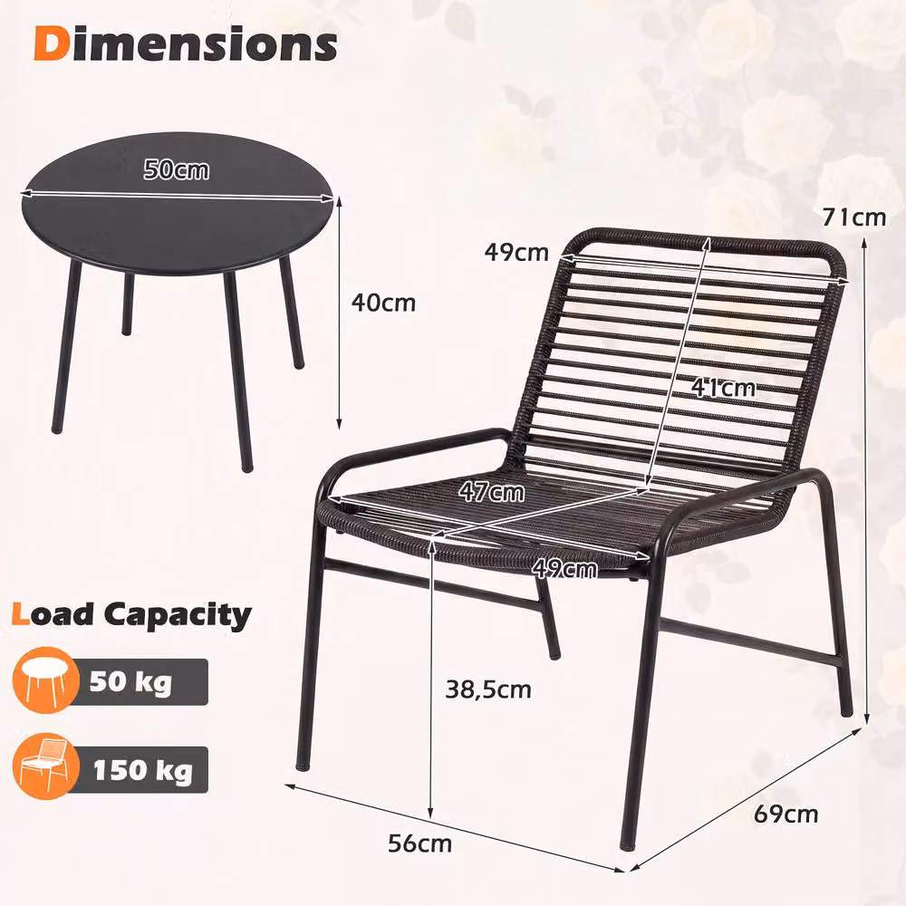Gymax 3 Piece Black Polyrattan Bistro Set with Round Side Table for Garden, Balcony or Terrace – 2