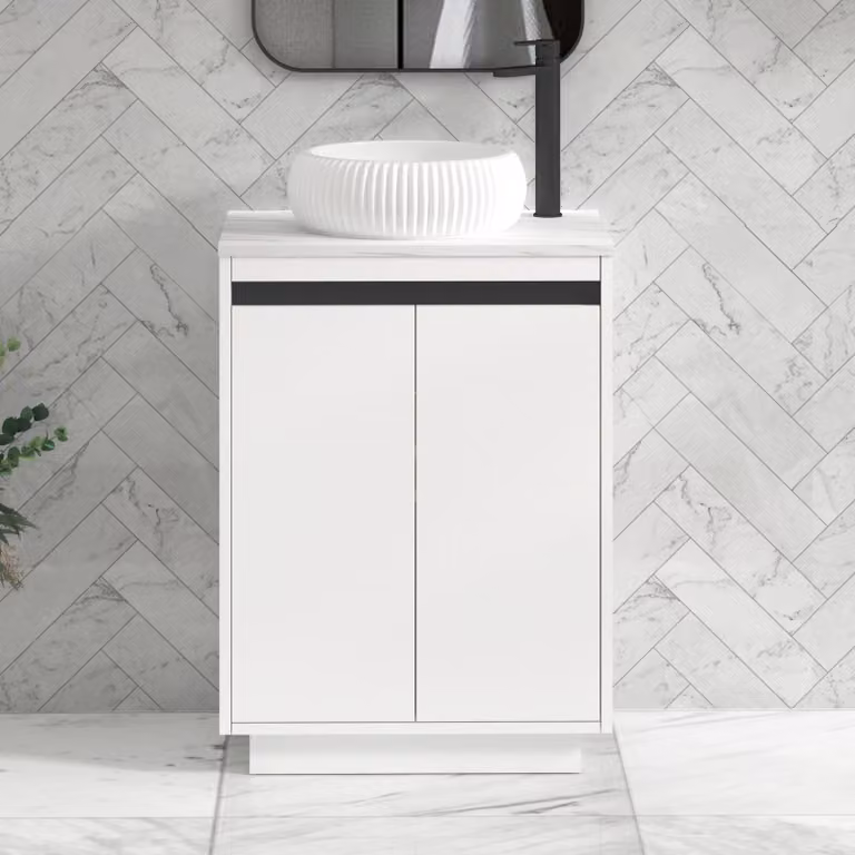 Royal Bathrooms Orion 600mm Matt White Floor Standing 2 Door Vanity Unit with Milan Basin and Black Accent Trim