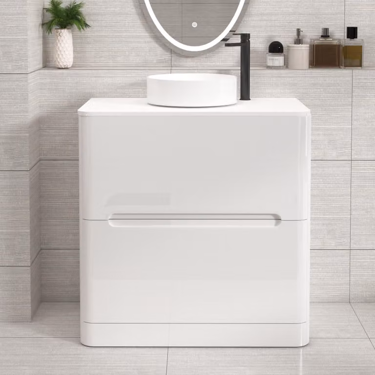 Royal Bathrooms Venice 800mm Gloss White Floor Standing Vanity Unit with 2 Drawers, Plain White Worktop and Art Basin