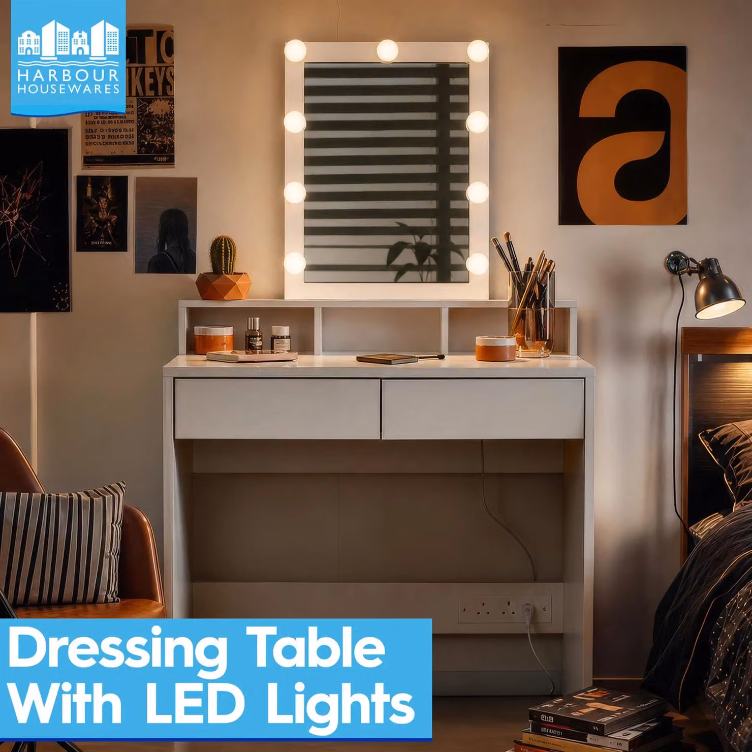 Harbour Housewares Modern Wooden Dressing Table Set with LED Lights and Stool in White or Beige – 2