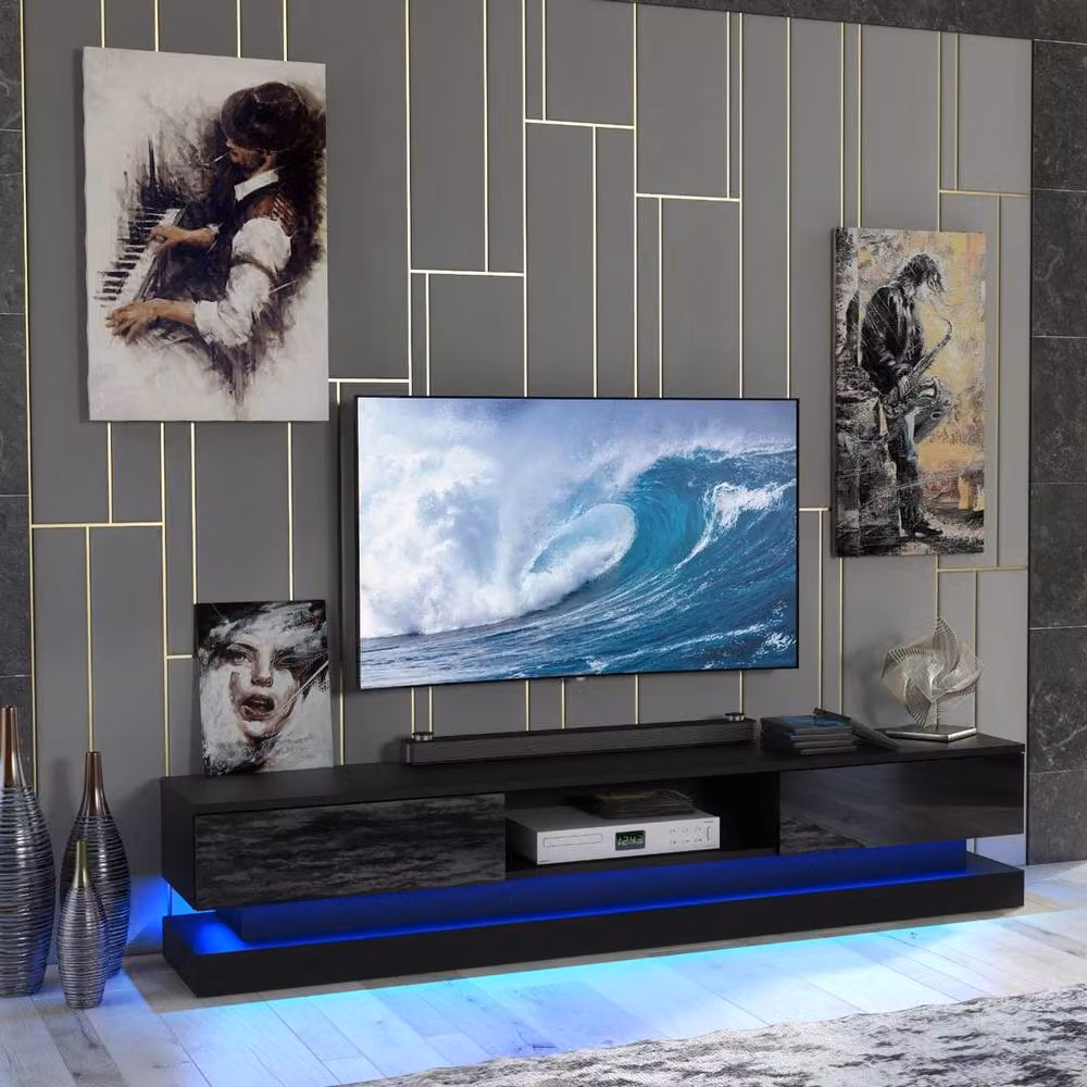 FORGEVIO Modern Black Glossy TV Unit and Sideboard Cabinet with Integrated Lighting – 3