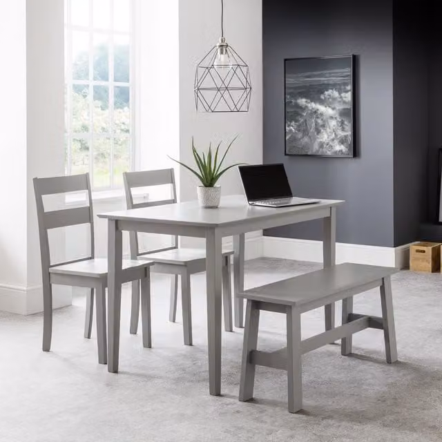 Julian Bowen Kobe Rectangular Dining Table, Bench and Chairs Set in Grey Lacquered Finish