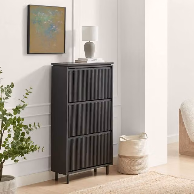 FurnitureboxUK Penrose Modern Black Wood 3 Door Shoe Storage Cabinet W/D/H: 125.0 x 70.0 x 3.0 cm – 1