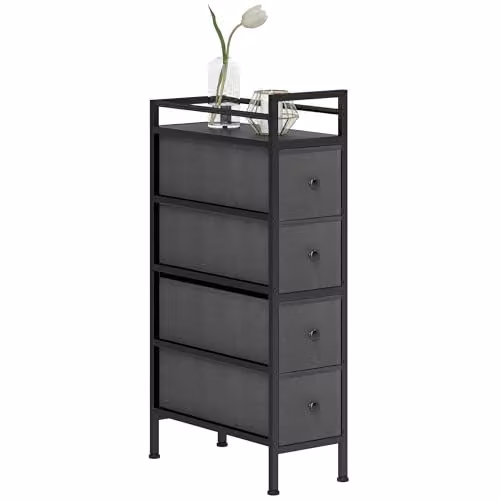 HOMCOM Slim Fabric Chest of Drawers with 4 Drawers, Black, H 81.5 x W 43.0 x D 20.0 cm – 1