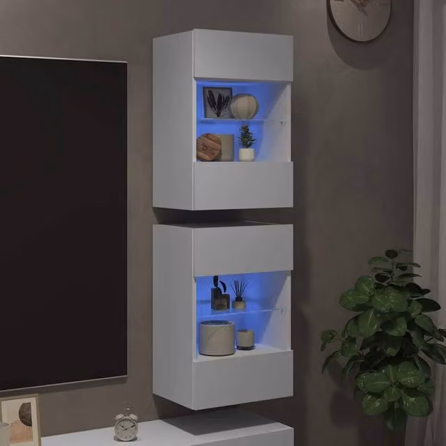 Berkfield Home Set of 2 Modern Glossy White TV Wall Cabinets with LED Lights, W/D/H: 40 x 30 x 60.5 cm – 1
