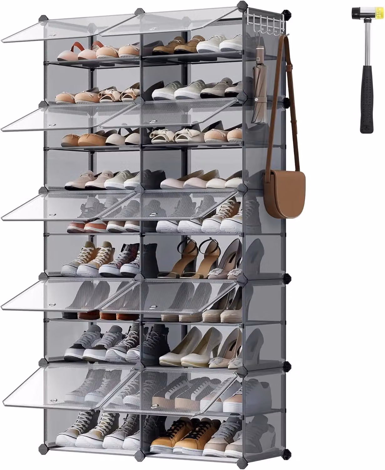 SONGMICS Modular 10-Slot Interlocking Shoe Storage Cabinet with Glass Doors, Grey, H 156.0 x W 83.0 x D 40.0 cm – 3
