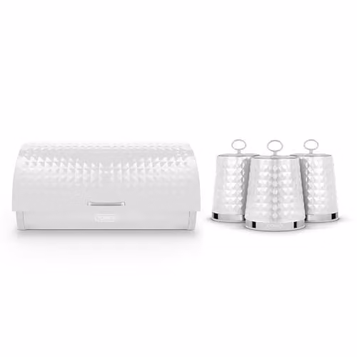 Tower Solitaire Roll Top Bread Bin and Set of 3 Airtight Canisters in White with Stainless Steel Lids – 1