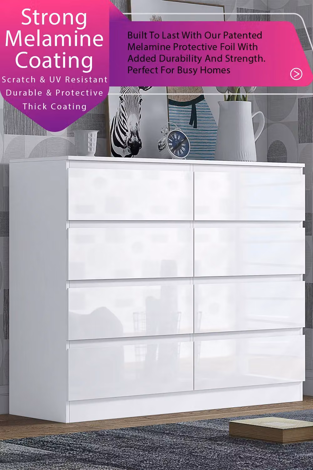 FWStyle Stora Gloss 8 Drawer Modern Chest of Drawers in White – 2