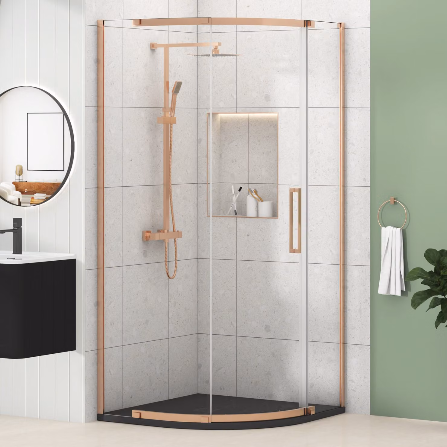Royal Bathrooms Chelsea Single Door Quadrant Shower Enclosure with Black Mineral Cast Stone Tray and 8mm Easy Clean Glass, Brushed Bronze, W: 90 cm, H: 195 cm