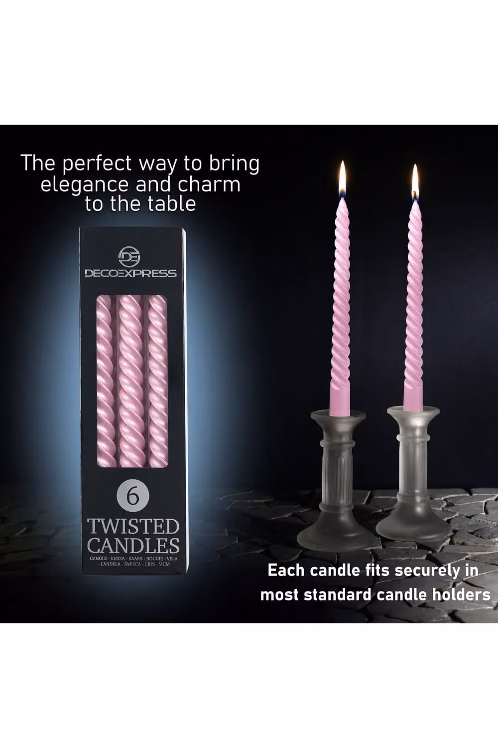 Deco Express Non-Drip Twisted Unscented Dinner Candles, Pack of 6, Rose Gold – 3