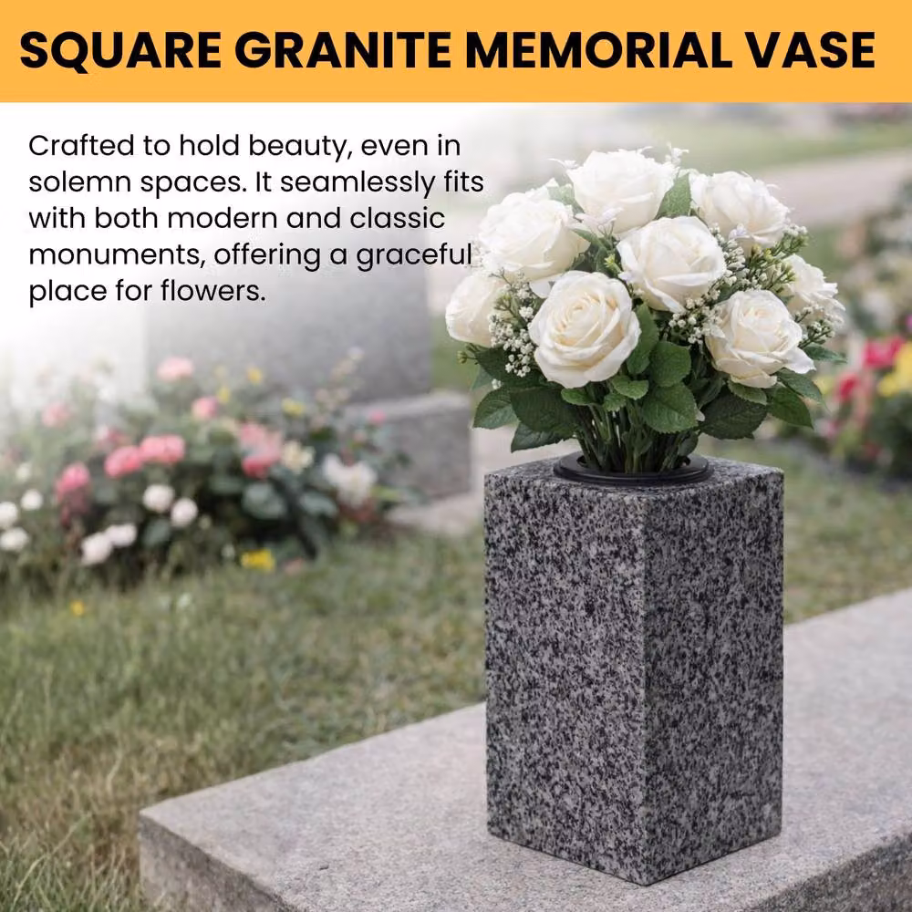 Novecrafto Classic Square Granite Memorial Vase in Grey and Black Stone for Cemetery or Garden – 4