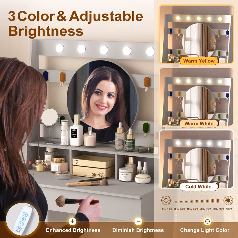 KEEPREAPER Modern Grey Dressing Table with Hollywood LED Lights – 3