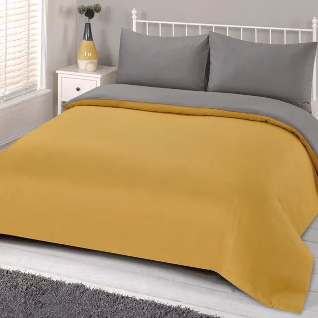 Brentfords Reversible Plain Dyed Microfibre Bedding Set with Pillowcase in Yellow and Grey, 90 x 190 cm